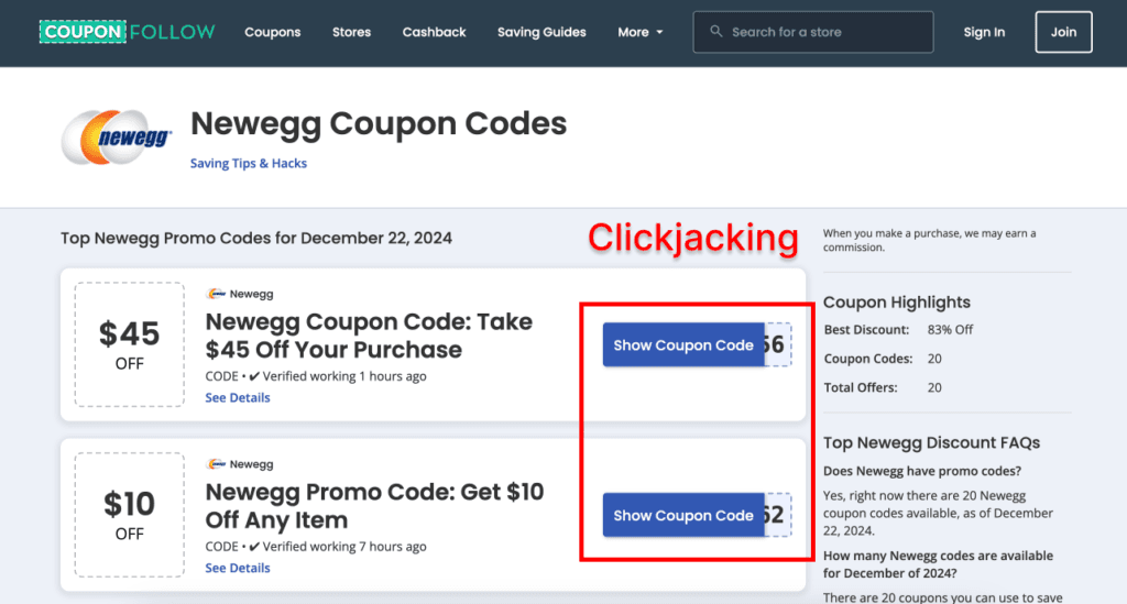 Clickjacking on a coupon repository website