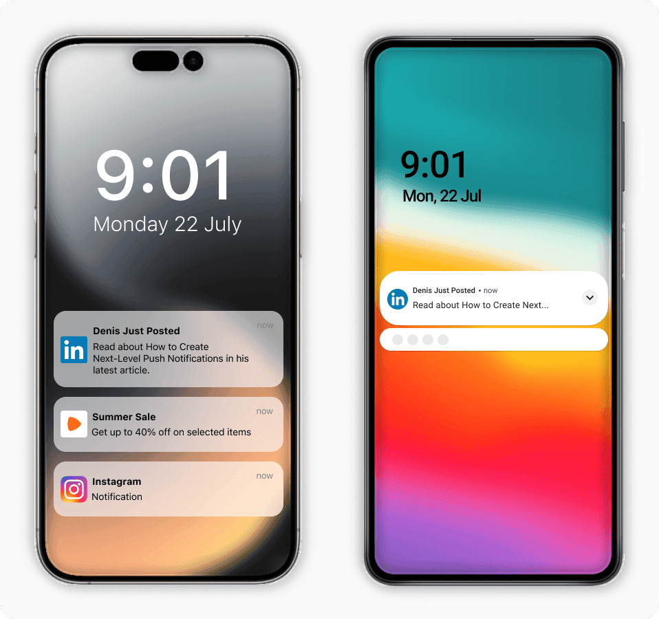 Examples of standard push notifications on iOS and Android