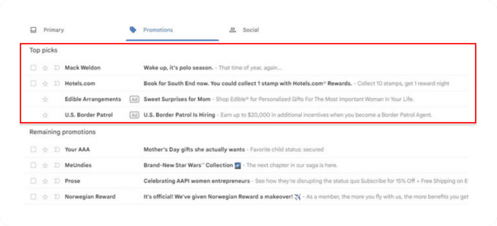 Gmail - promotion bundling top picks