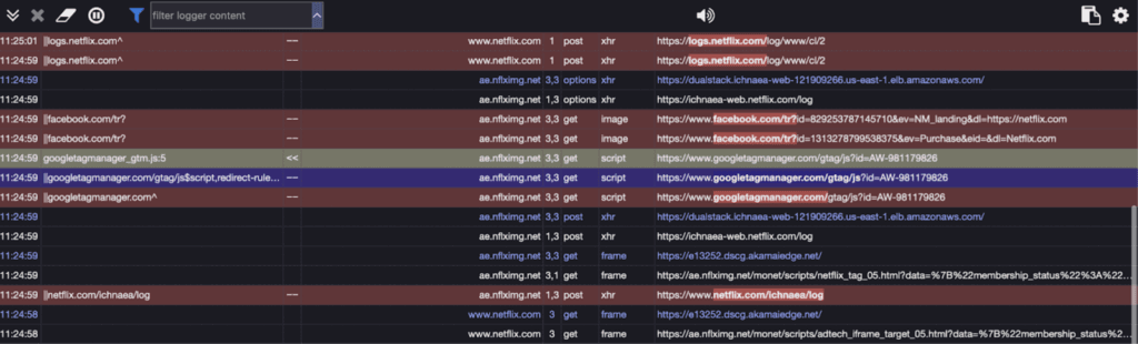 uBlock Origin logger console screenshot for netflix.com